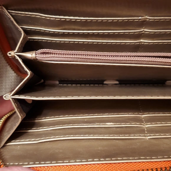 Anne Klein zippered wallet, orange with gold zippers and embellishment lock. - Picture 7 of 15